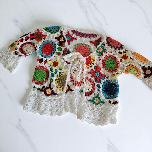 Crafty VTG Style Crochet Granny Flowers Crop Cardigan SM Multi Festival - Picture 3 of 16